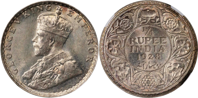 INDIA. 1/4 Rupee, 1928-(B). Bombay Mint. George V. NGC MS-64.
KM-518; S&W-8.166...