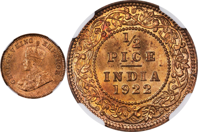 INDIA. 1/2 Pice, 1922-(C). Calcutta Mint. George V. NGC MS-65 Red Brown.
KM-510...