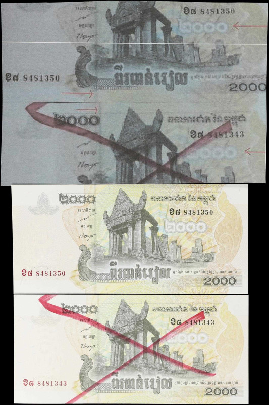 CAMBODIA. Lot of (2). National Bank of Cambodia. 2000 Riels, 2007. P-58. Error N...