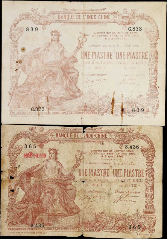 FRENCH INDO-CHINA. Lot of (2). Banque de L'Indo-Chine. 1 Piastre, ND (1903-21). ...