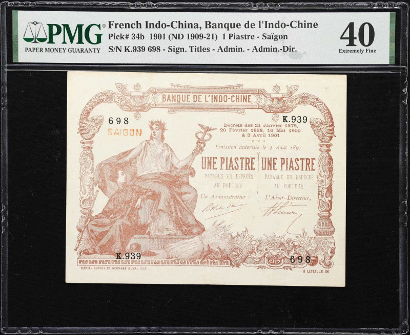 FRENCH INDO-CHINA. Banque de I'Indo-Chine. 1 Piastre, 1891. P-34b. PMG Extremely...