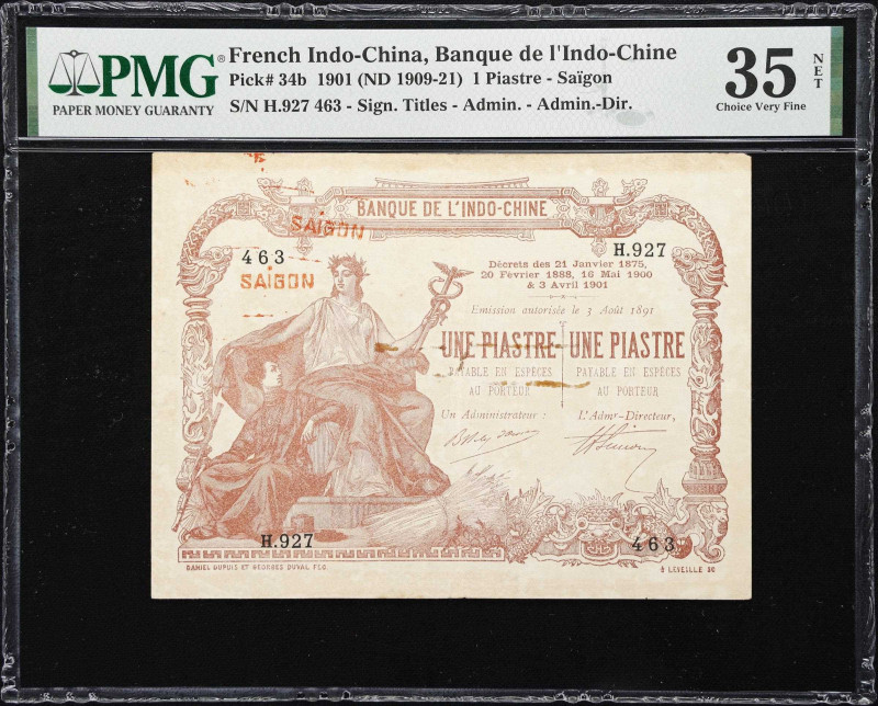 FRENCH INDO-CHINA. Banque de I'Indo-Chine. 1 Piastre, 1901 (ND 1909-21). P-34b. ...