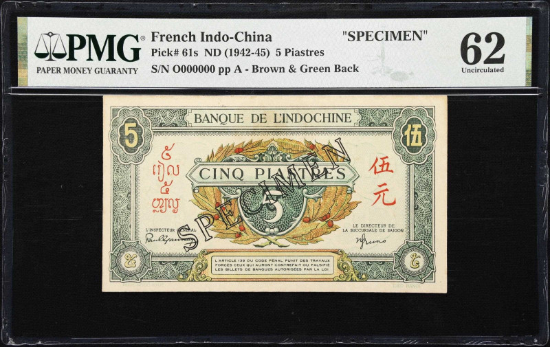 FRENCH INDO-CHINA. Banque de l'Indochine. 5 Piastres, ND (1942-45). P-61s. Speci...