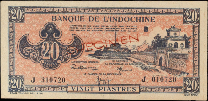 FRENCH INDO-CHINA. Banque de L'Indo-Chine. 20 Piastres, ND (1942-45). P-72s. Exp...