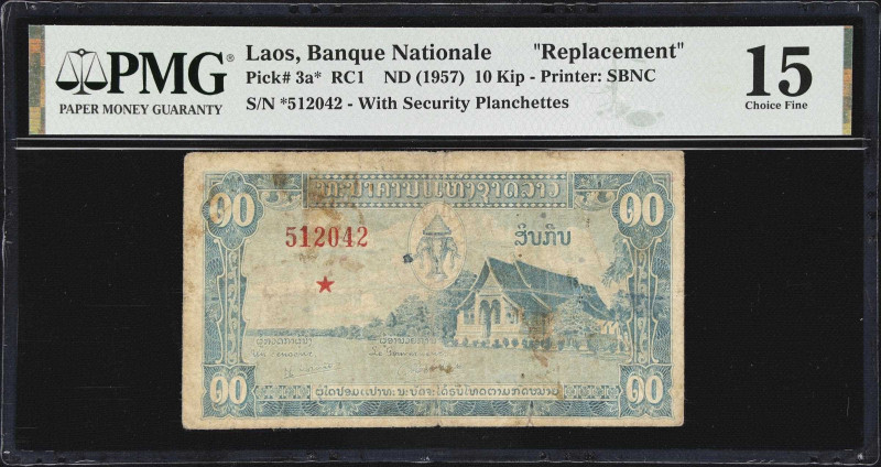 LAOS. Banque Nationale du Laos. 10 Kip, ND (1957). P-3a*. RC1. Replacement. PMG ...