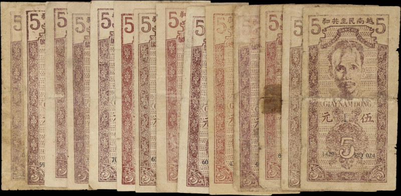 VIETNAM. Lot of (14). Viet Nam Dan Chu Cong Hoa. 5 Dong, 1947. P-2/10. Fine to V...