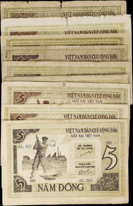 VIETNAM. Lot of (9). Viet Nam Dan Chu Cong Hoa. 5 Dong, 1946. P-3a and 3b. Very ...