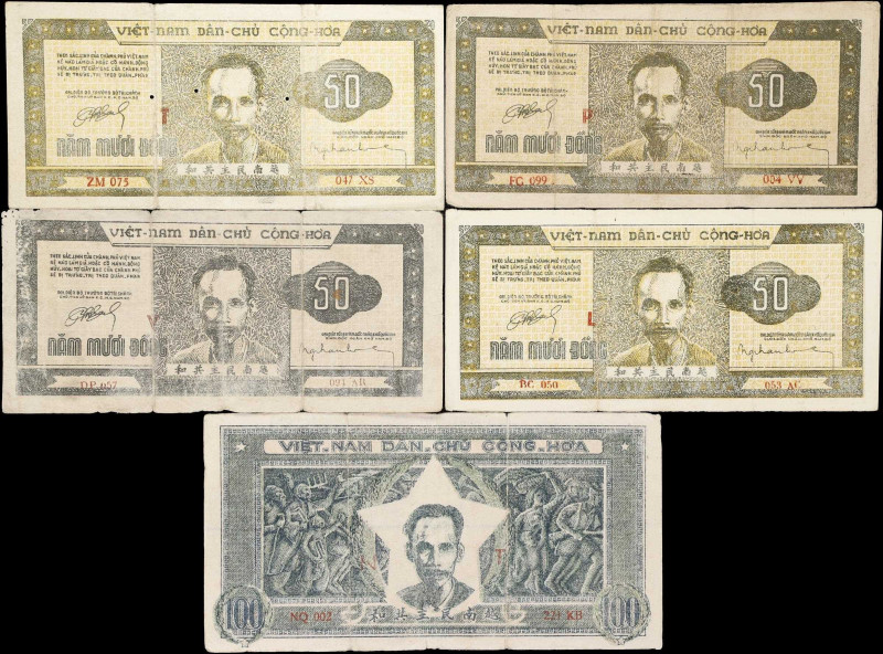 VIETNAM. Lot of (5). Viet Nam Dan Chu Cong Hoa. 50 and 100 Dong, 1950. P-32 and ...