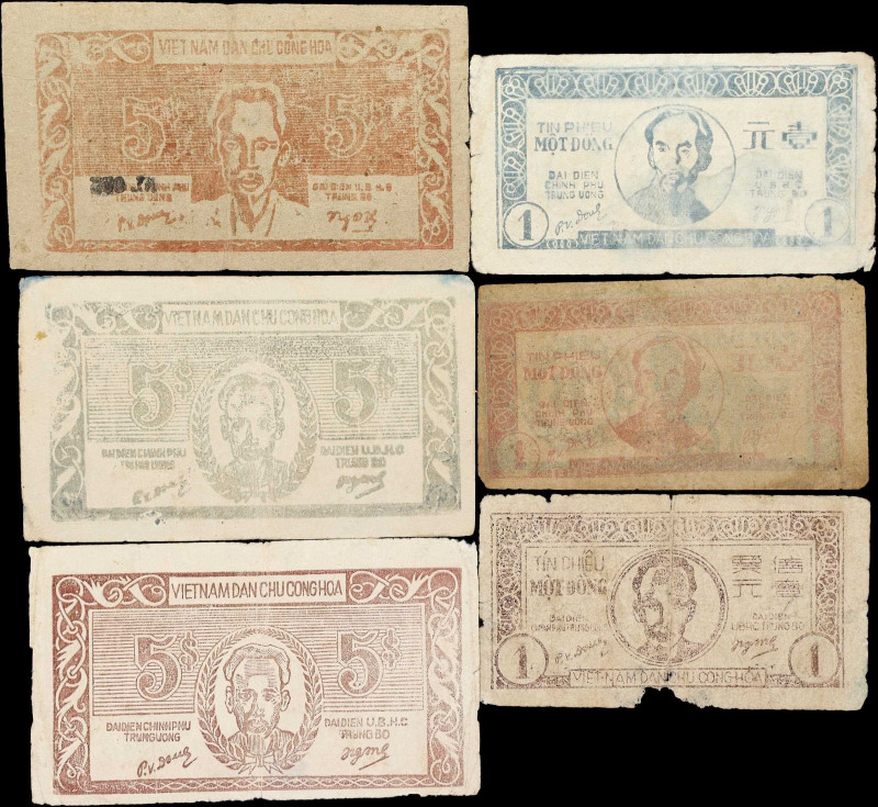 VIETNAM. Lot of (6). Viet Nam Dan Chu Cong Hoa. 1 and 5 Dong, 1946-50. P-43 to 4...