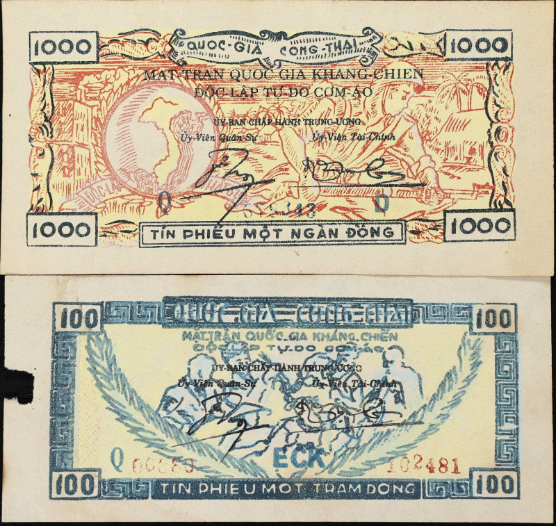 VIETNAM. Lot of (2). Quoc Gia Cong Thai. 100 and 1000 Dong, ND. P-NL. Tin Phieu ...