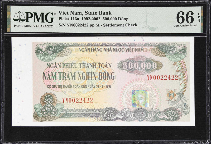 VIETNAM. State Bank of Vietnam. 500,000 Dong, 1998. P-113a. Settlement Check. PM...