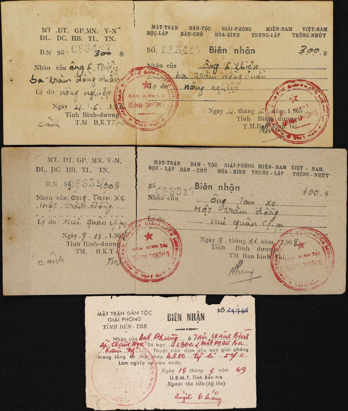 VIETNAM. Lot of (3). Cheques/Receipts. 1960-63. P-NL. Mixed Condition.
A group ...