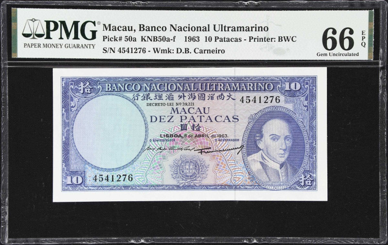 MACAU (SAR). Lot of (2). Banco Nacional Ultramarino. 10 Patacas, 1963. P-50a & 5...