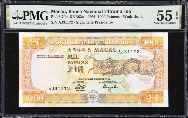 MACAU (SAR). Lot of (2). Banco Nacional Ultramarino. 500 & 1000 Patacas, 1990-91...