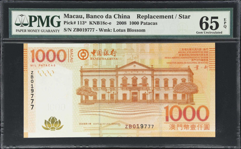 MACAU (SAR). Banco da China. 1000 Patacas, 2008. P-113*. KNB18c-e. Replacement. ...