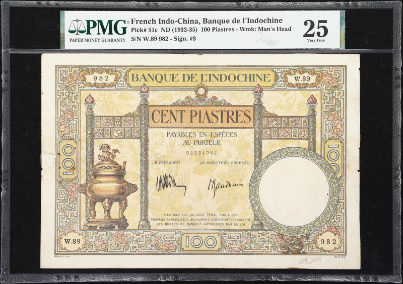 FRENCH INDO-CHINA. Lot of (2). Banque de l'Indochine. 100 Piastres, ND (1932-39)...