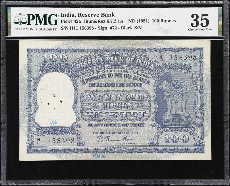 INDIA. Reserve Bank of India. 100 Rupees, ND (1951). P-42a. Jhun&Rez 6.7.2.1A. P...