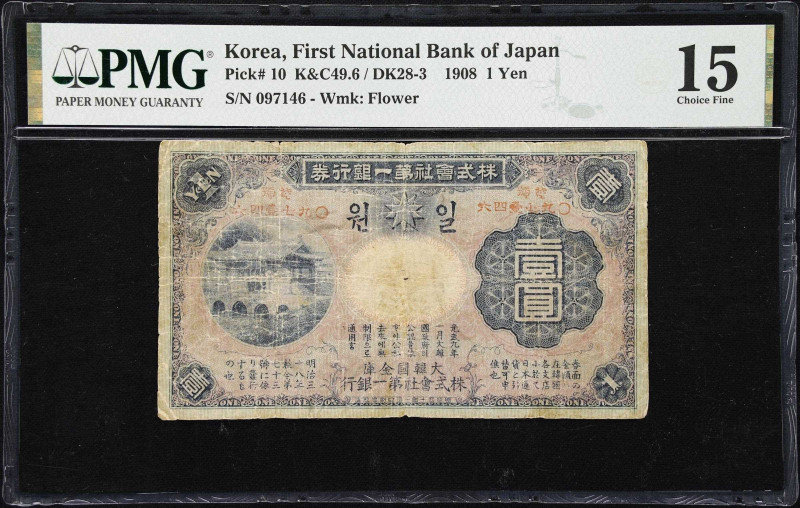 KOREA. First National Bank of Japan. 1 Yen, 1908. P-10. K&C49.6. PMG Choice Fine...