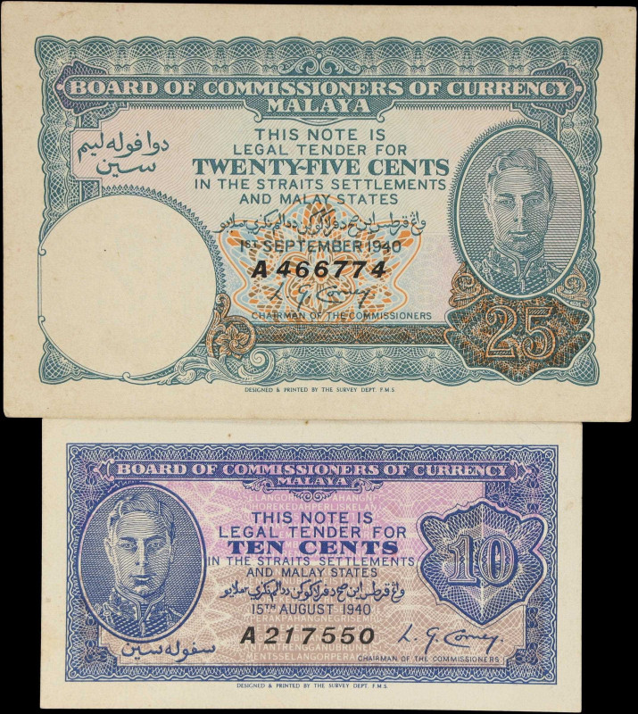 MALAYA. Lot of (2). Board of Commissioners of Currency Malaya. 10 & 25 Cents, 19...