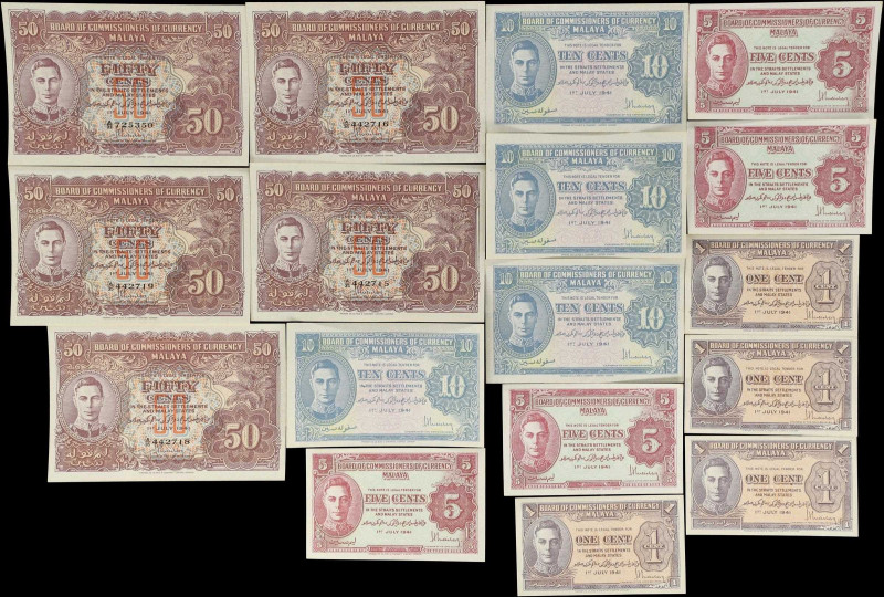 MALAYA. Lot of (17). Board of Commissioners of Currency Malaya. 1, 5, 10 & 50 Ce...