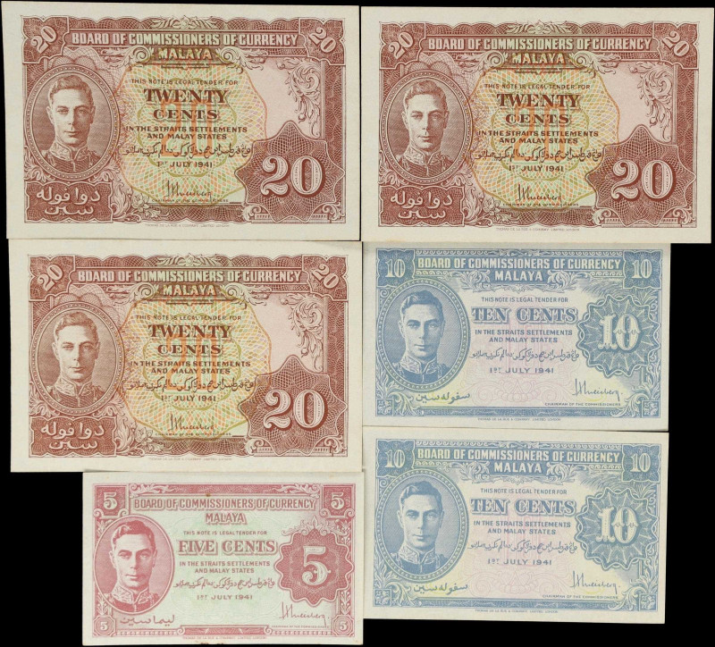 MALAYA. Lot of (6). Board of Commissioners of Currency Malaya. 5, 10 & 20 Cents,...