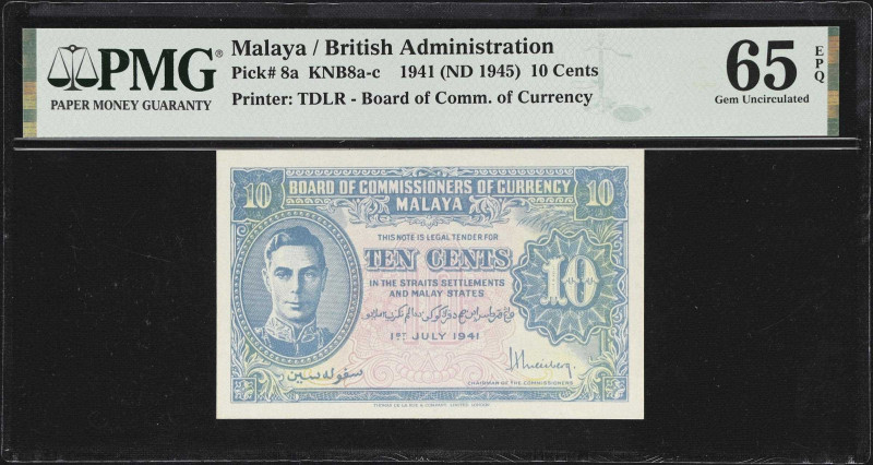 MALAYA. Board of Commissioners of Currency Malaya. 10 Cents, 1941 (ND 1945). P-8...