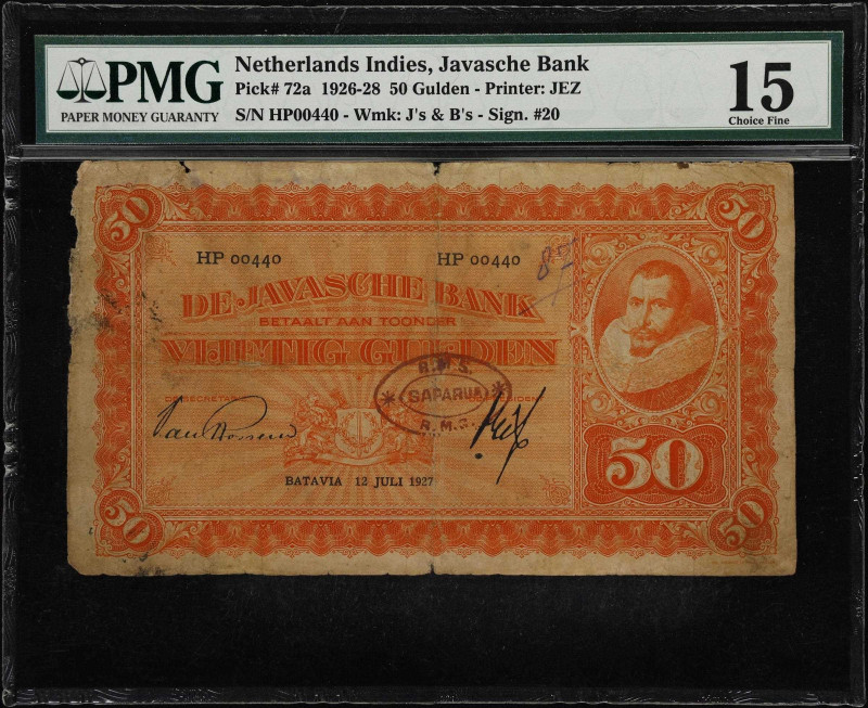 NETHERLANDS INDIES. Javasche Bank. 50 Gulden, 1927. P-72a. PMG Choice Fine 15.
...