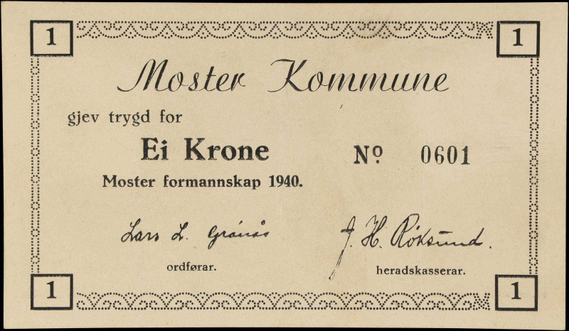 NORWAY. Moster Kommune. 1 Kroner, 1940. P-Unlisted. Extremely Fine.
From the Na...