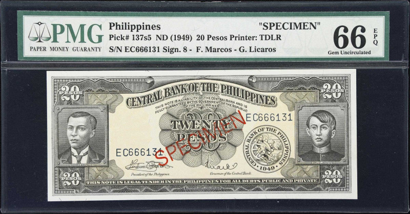 PHILIPPINES. Central Bank of the Philippines. 20 Pesos, ND (1949). P-137s5. Spec...