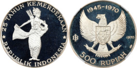 INDONESIA. 500 Rupiah, 1970. NGC PROOF-66 Ultra Cameo.
KM-25. Mintage: 4,800. Commemorating the 25th Anniversary of Independence and featuring a Waya...