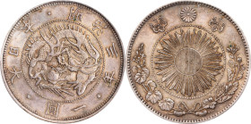 JAPAN. Yen, Year 3 (1870). Osaka Mint. Mutsuhito (Meiji). PCGS MS-61.
KM-Y-5.1; JNDA-01-9; JC-09-9-1. Type 1 with border.

日本明治三年一圓銀幣。大阪造幣廠。
1型，帶邊...