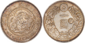 JAPAN. Yen, Year 19 (1886). Osaka Mint. Mutsuhito (Meiji). PCGS AU-55.
KM-Y-28a.4; JNDA-01-10B. Large Diameter Variety. "Gin" countermark on right. ...