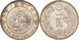 JAPAN. Yen, Year 25 (1892). Osaka Mint. Mutsuhito (Meiji). PCGS AU-58.
KM-Y-28a.5; JNDA-01-10C; JC-09-10-4. Variety with 4 spines above flame. "Gin" ...