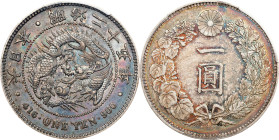 JAPAN. Yen, Year 25 (1892). Osaka Mint. Mutsuhito (Meiji). PCGS AU-55.
KM-Y-A25.3; JNDA-01-10A; JC-09-10-2. "Late" type, with three spines over flame...