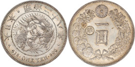 JAPAN. Yen, Year 28 (1895). Osaka Mint. Mutsuhito (Meiji). PCGS AU-55.
KM-Y-28a.2; JNDA-01-10C; JC-09-10-4. "Gin" countermark to the left. 

日本明治二十...