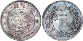 JAPAN. Yen, Year 29 (1896). Osaka Mint. Mutsuhito (Meiji). PCGS Genuine--Cleaned, Unc Details.
KM-Y-28A.2; JNDA-01-10C; JC-09-10-4. "Gin" countermark...