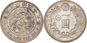 JAPAN. Yen, Year 29 (1896). Osaka Mint. Mutsuhito (Meiji). PCGS AU-55.
KM-Y-28a.2; JNDA-01-10C; JC-09-10-4. "Gin" countermark on left. 

日本明治二十九年一圓...