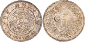 JAPAN. Yen, Year 29 (1896). Osaka Mint. Mutsuhito (Meiji). PCGS AU-53.
KM-Y-28a.2; JNDA-01-10C; JC-09-10-4. "Gin" countermark on left.

日本明治二十九年一圓銀...