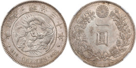 JAPAN. Yen, Year 30 (1897). Osaka Mint. Mutsuhito (Meiji). NGC MS-61.
KM-Y-A25.3; JNDA-01-10A; JC-09-10-2.

日本明治三十年一圓銀幣。大阪造幣廠。

Estimate: $200.00...