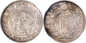 JAPAN. Yen, Year 36 (1903). Osaka Mint. Mutsuhito (Meiji). NGC AU-58.
KM-Y-A25.3; JNDA-01-10A; JC-09-10-2.

日本明治三十六年一圓銀幣。大阪造幣廠。

Estimate: $200.0...