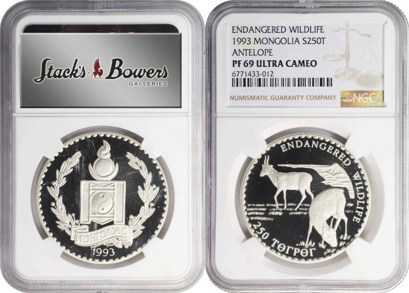 MONGOLIA. Duo of 250 Tugrik (2 Pieces), 1992 & 93. Both NGC PROOF-69 Ultra Cameo...