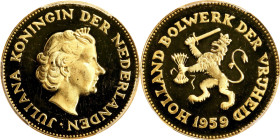 NETHERLANDS. Stronghold of Freedom Gold Medal, 1959. Juliana. PCGS SPECIMEN-65.
Weight: 7.66 gms. Obverse: Bust of Queen Juliana facing right; Revers...