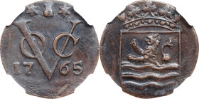 NETHERLANDS EAST INDIES. Zeeland. Duit, 1765. Middelburg Mint. NGC AU Details--Environmental Damage.
KM-152.3. Variety with dots in crown.

1765年荷屬...