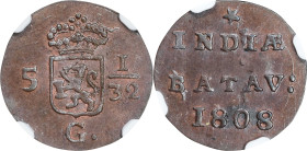 NETHERLANDS EAST INDIES. Napoleonic Era. 1/2 Duit, 1808. Enkhuizen Mint. NGC MS-64 Brown.
KM-75. Holland Arms.

1808年荷屬東印度1/2杜伊特。
荷蘭徽章。

Estimat...