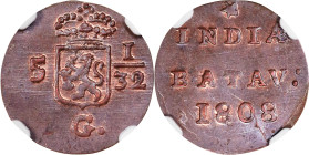 NETHERLANDS EAST INDIES. Napoleonic Era. 1/2 Duit, 1808. Enkhuizen Mint. NGC MS-64 Brown.
KM-75. Holland Arms (star).

1809年荷屬東印度1/2杜伊特。
荷蘭徽章。（星)...