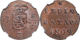 NETHERLANDS EAST INDIES. Napoleonic Era. 1/2 Duit, 1809. Enkhuizen Mint. NGC MS-64 Brown.
KM-75. Holland Arms.

1809年荷屬東印度1/2杜伊特。
荷蘭徽章。

Estimat...