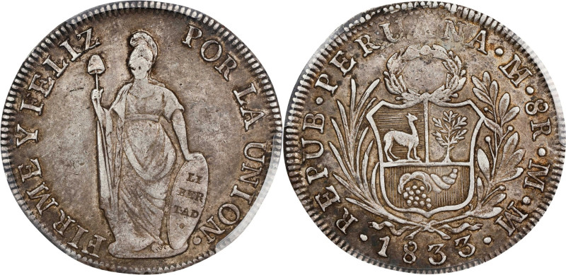 PERU. 8 Reales, 1833-L MM. Lima Mint. PCGS EF-45.
KM-142.3.

1833-L MM年秘魯壹圓銀幣...