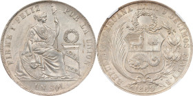 PERU. Sol, 1869-YB. Lima Mint. NGC MS-62.
KM-196.3. Variety with Arabic "1".

1869-YB年秘魯1索爾銀幣。利馬鑄幣廠。
阿拉伯數字"1"的版別。 

Estimate: $200.00 - $300.00...
