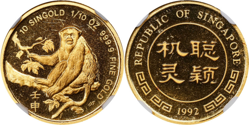 SINGAPORE. 10 Singold, 1992-SM. Singapore Mint. Lunar Series, Year of the Monkey...