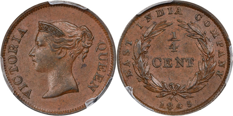 STRAITS SETTLEMENTS. 1/4 Cent, 1845. Calcutta Mint. Victoria. PCGS MS-62 Brown....